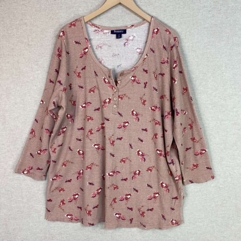Roamans Womens Thermal Henley Top Size 1X Boho Floral Round Neck‎ Waffle Knit